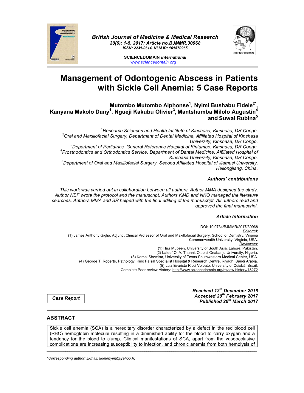 Management of Odontogenic Abscess in Patients with Sickle Cell Anemia: 5 Case Reports