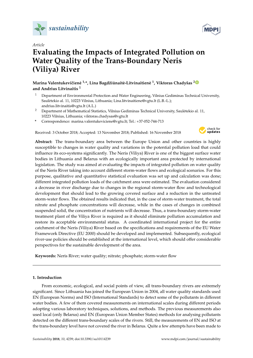 Evaluating the Impacts of Integrated Pollution on Water Quality of the Trans-Boundary Neris (Viliya) River