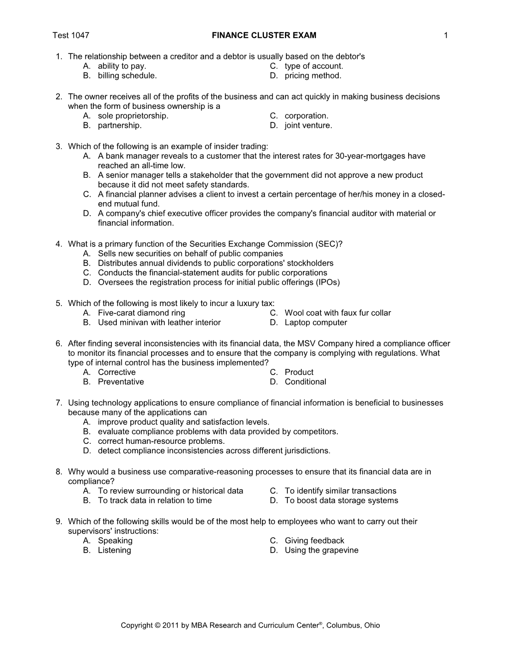 Test 1047 FINANCE CLUSTER EXAM 9