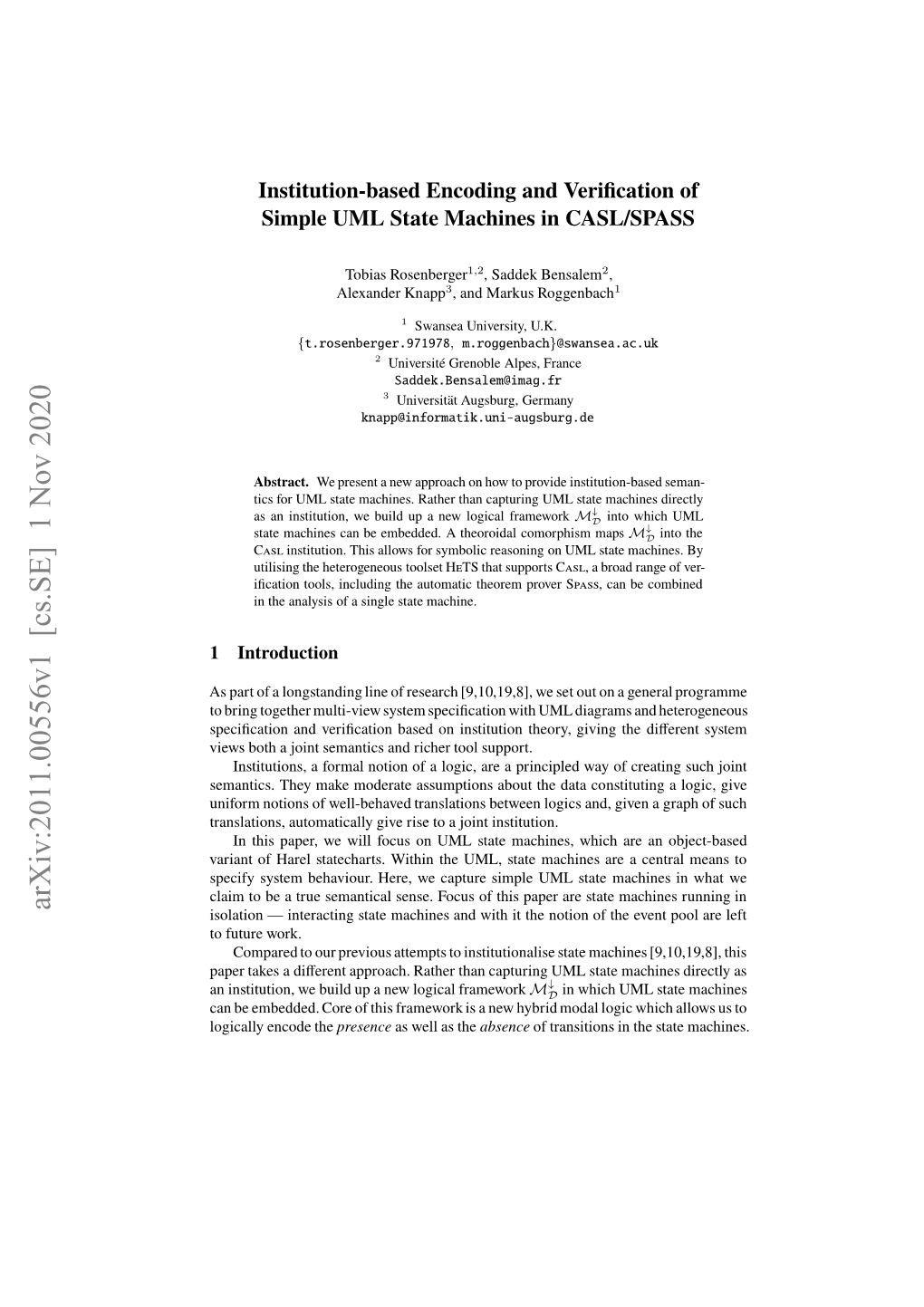 Institution-Based Encoding and Verification of Simple UML State