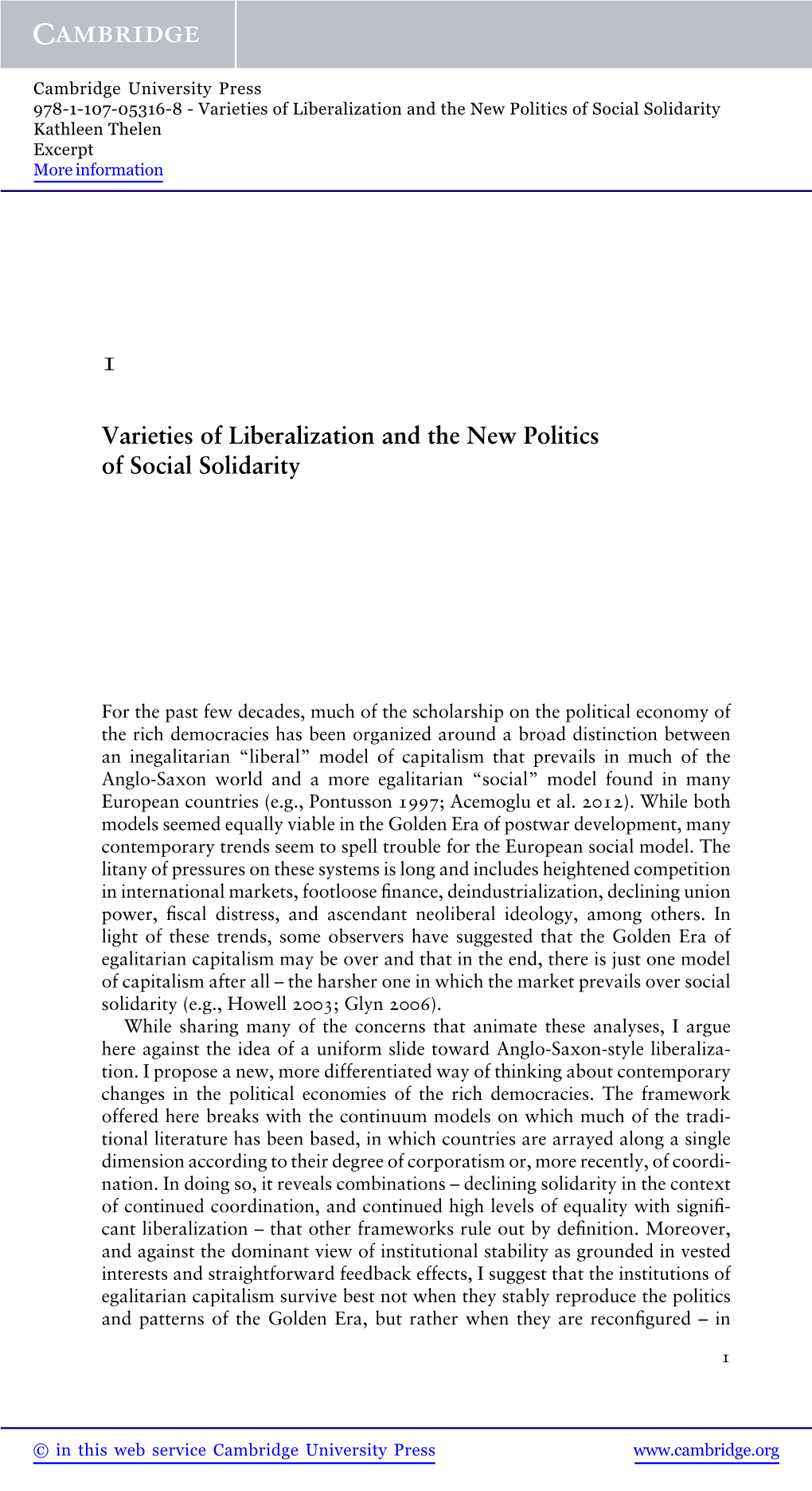 Varieties of Liberalization and the New Politics of Social Solidarity Kathleen Thelen Excerpt More Information