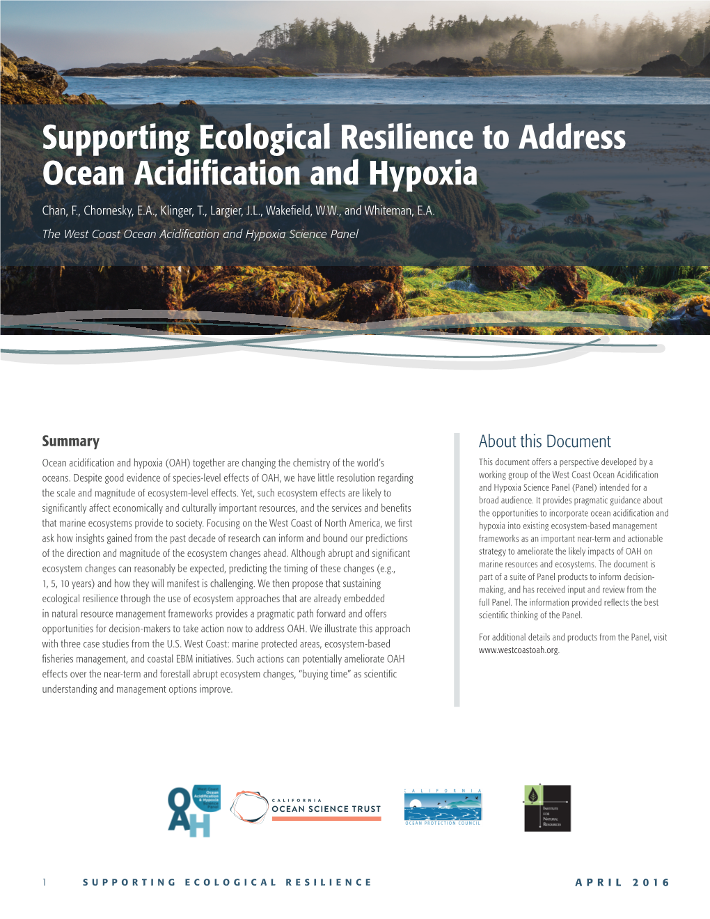 Supporting Ecological Resilience to Address Ocean Acidification And