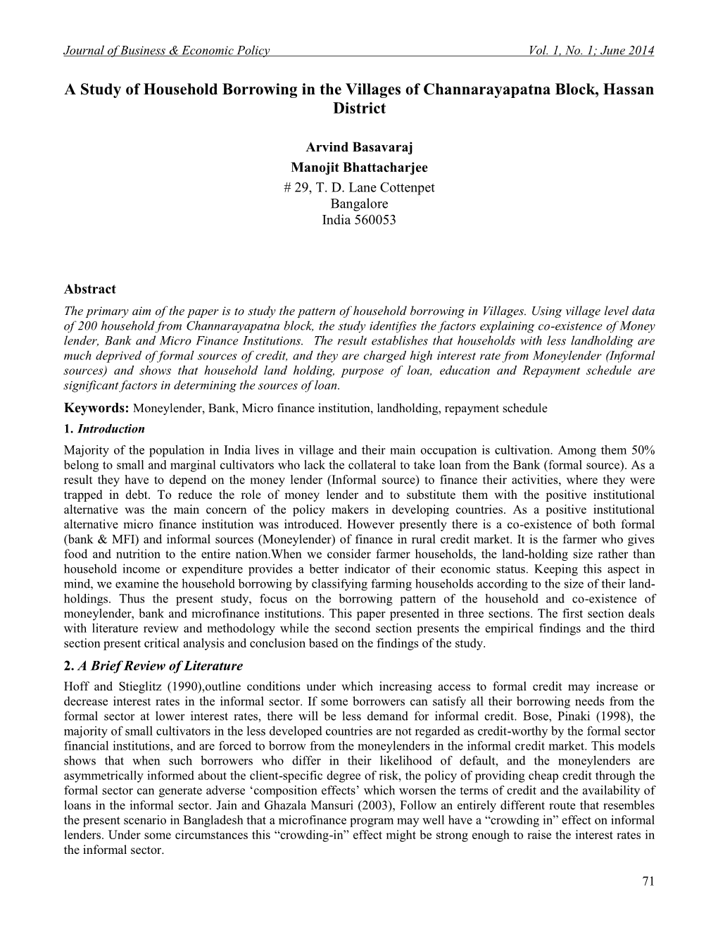 A Study of Household Borrowing in the Villages of Channarayapatna Block, Hassan District