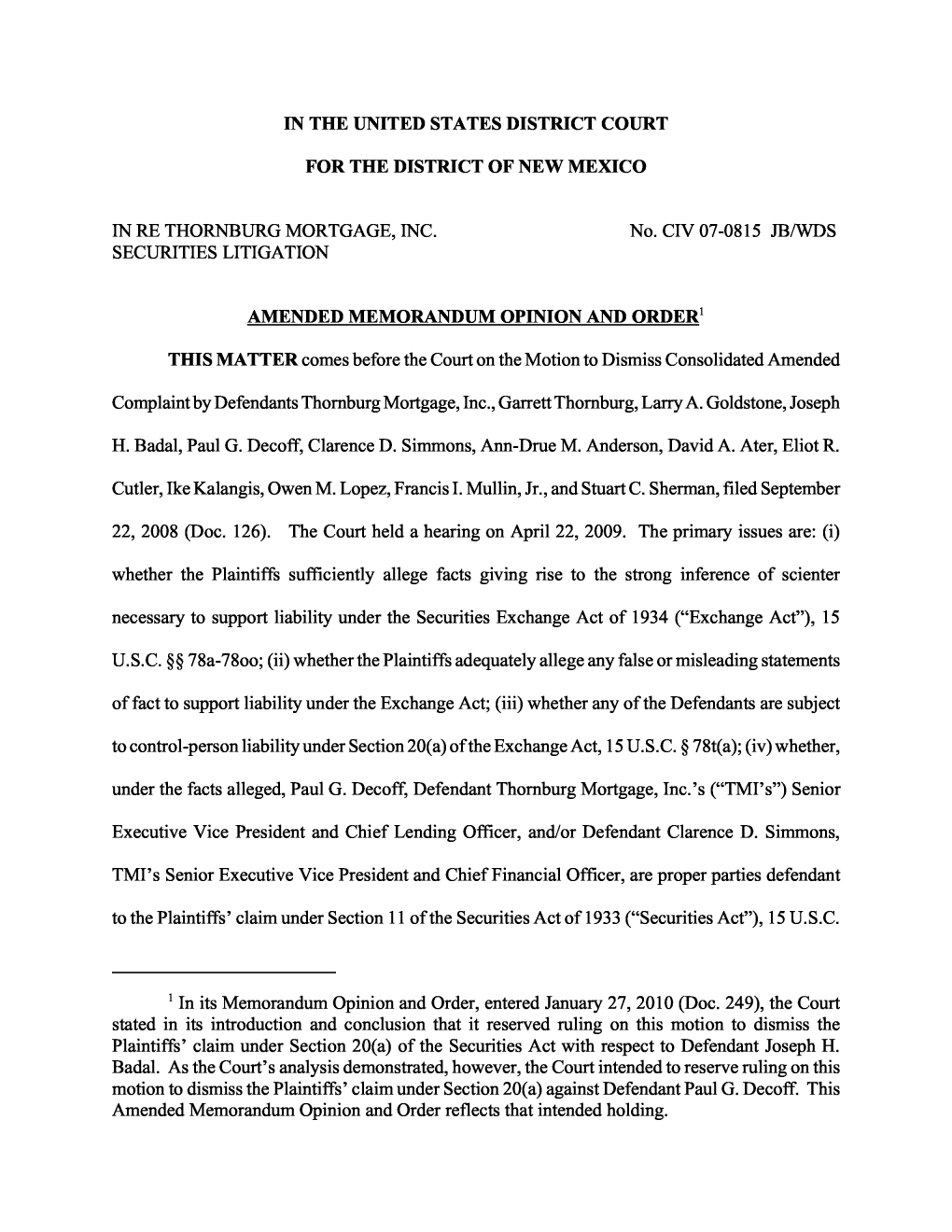 Thornburg Mortgage, Inc. Securities Litigation 07-CV-00815-Amended