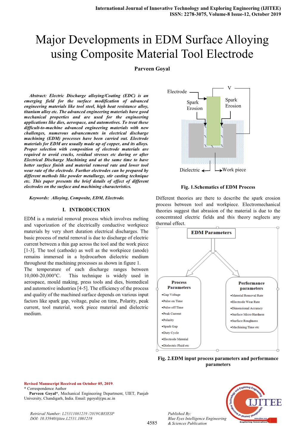 Major Developments in EDM Surface Alloying Using Composite Material Tool Electrode Parveen Goyal