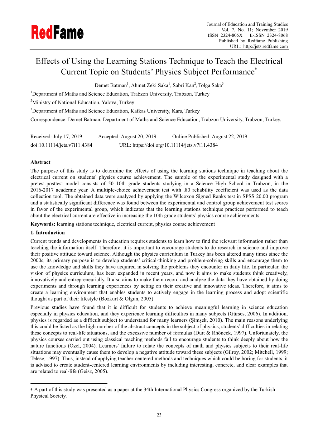 Effects of Using the Learning Stations Technique to Teach the Electrical Current Topic on Students’ Physics Subject Performance