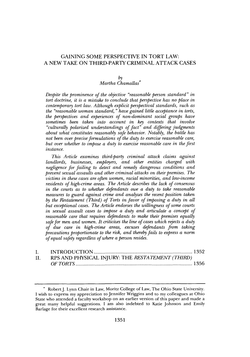 Gaining Some Perspective in Tort Law: a New Take on Third-Party Criminal Attack Cases