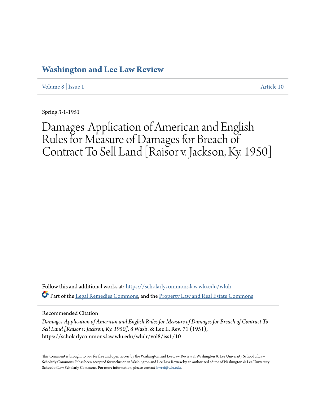 Damages-Application of American and English Rules for Measure of Damages for Breach of Contract to Sell Land [Raisor V