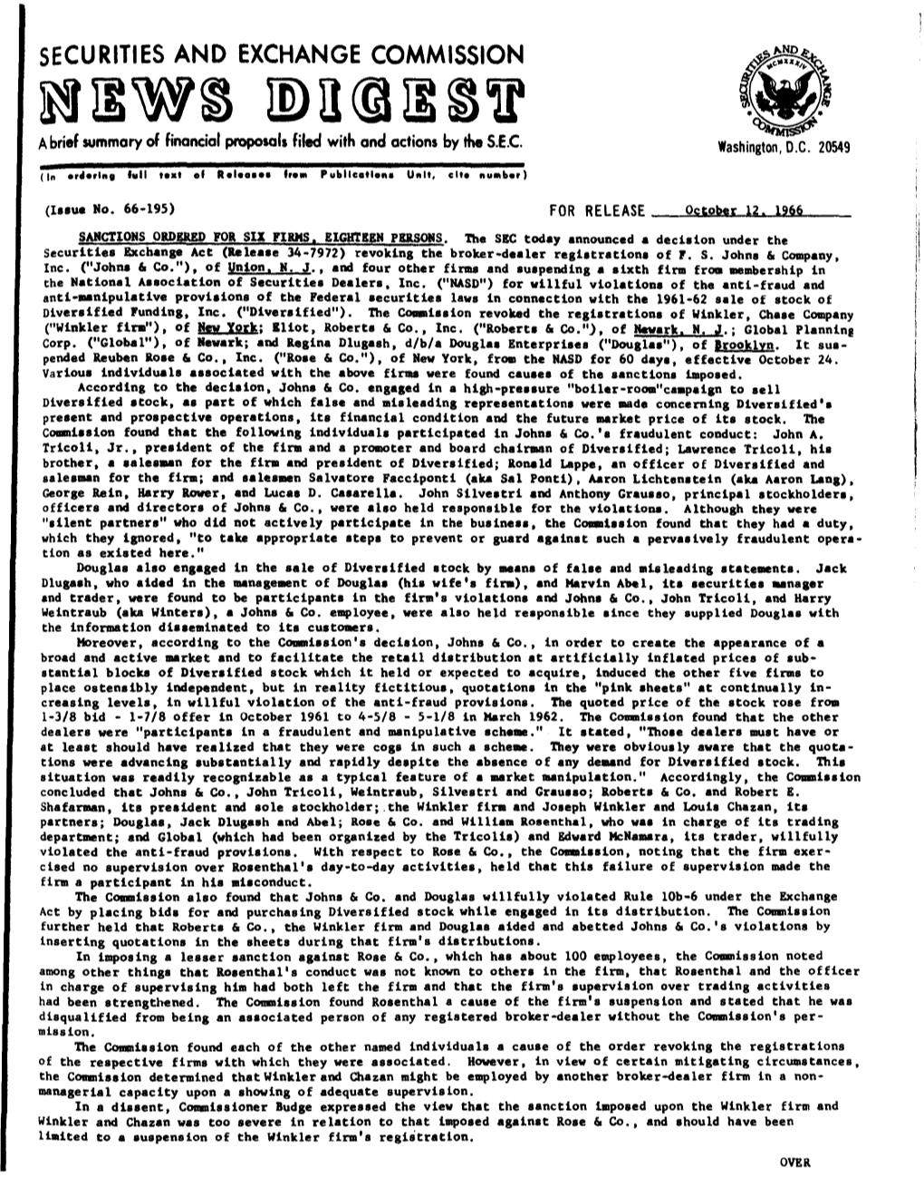 SECURITIES and EXCHANGE COMMISSION Lttiew~ Idll@IE~1R ~ a Brief Summary of Financial Proposals Filed with and Actions by the S.E.C