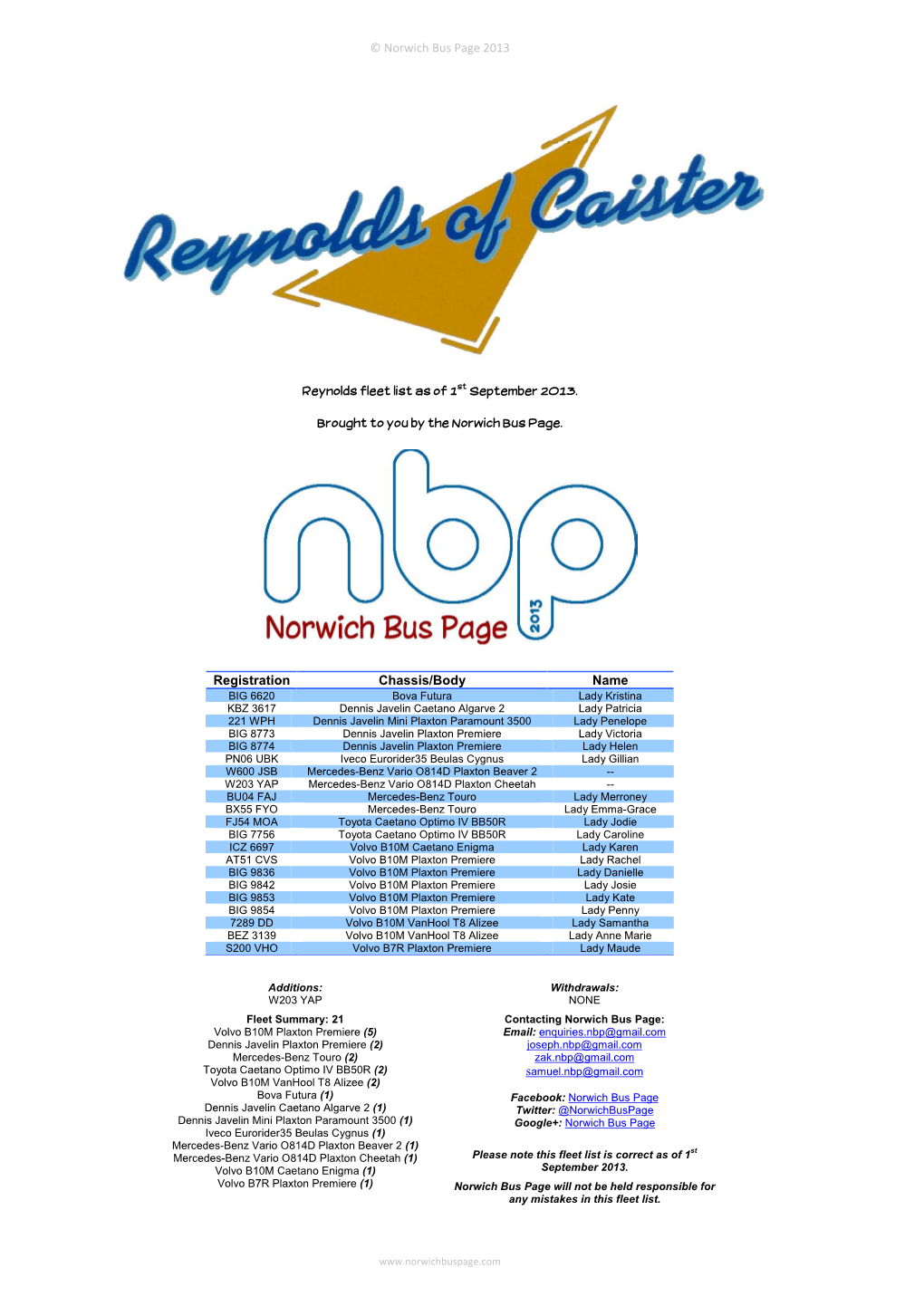 Norwich Bus Page 2013 Reynolds Fleet List