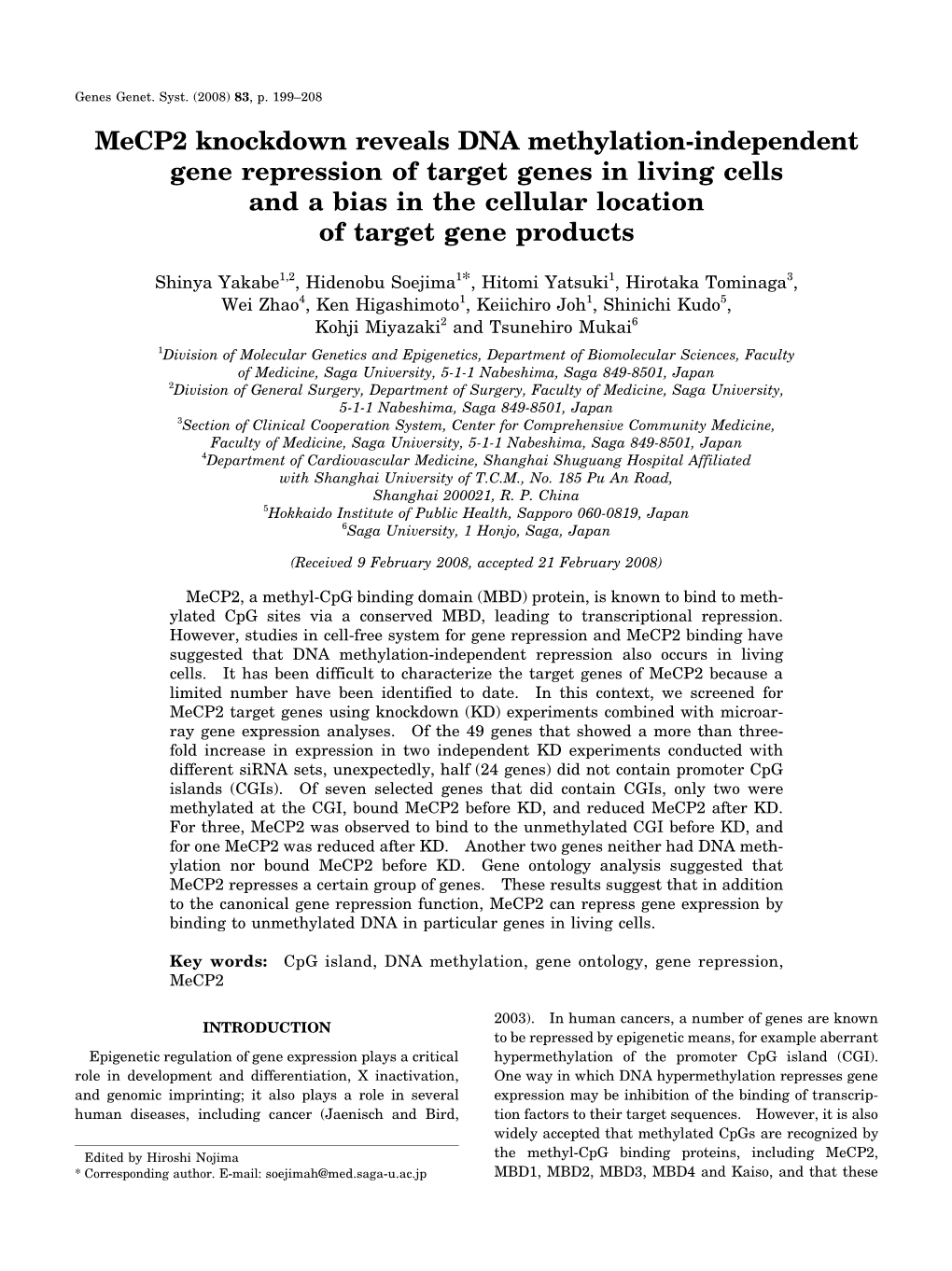 Mecp2 Knockdown Reveals DNA Methylation-Independent Gene Repression of Target Genes in Living Cells and a Bias in the Cellular Location of Target Gene Products