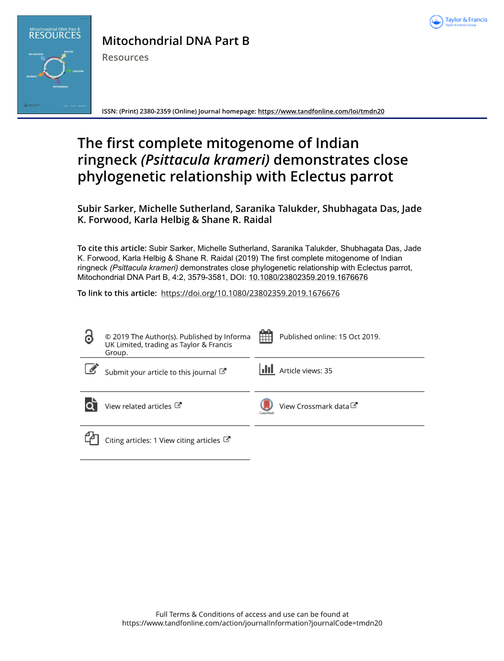 Psittacula Krameri) Demonstrates Close Phylogenetic Relationship with Eclectus Parrot