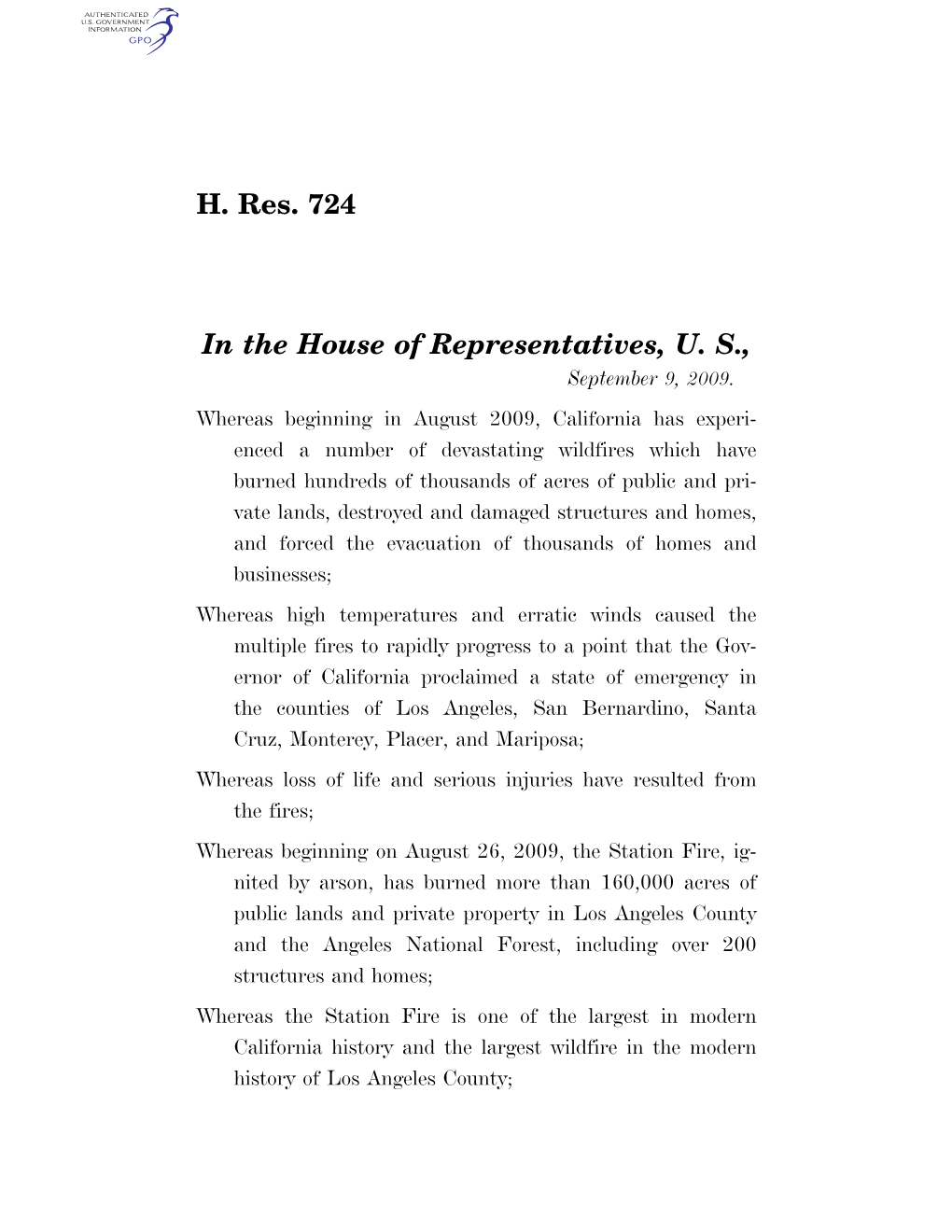 H. Res. 724 in the House of Representatives, U