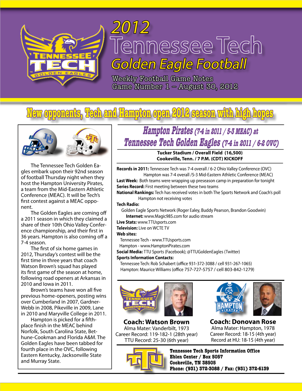 Tennessee Tech Golden Eagle Football Weekly Football Game Notes Game Number 1 -- August 30, 2012