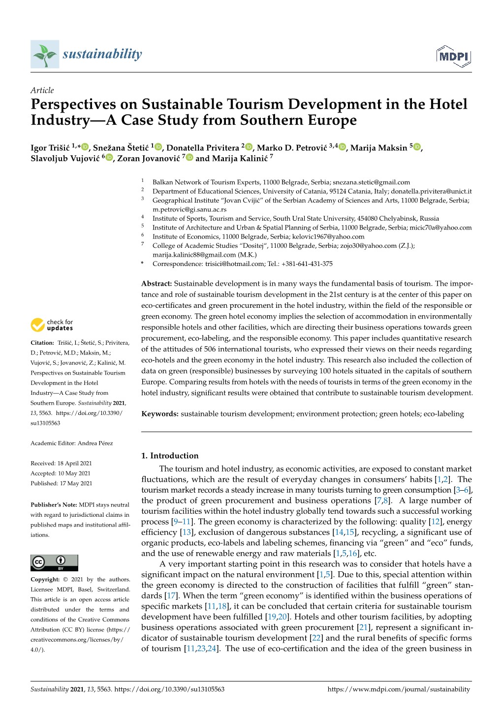 Perspectives on Sustainable Tourism Development in the Hotel Industry—A Case Study from Southern Europe