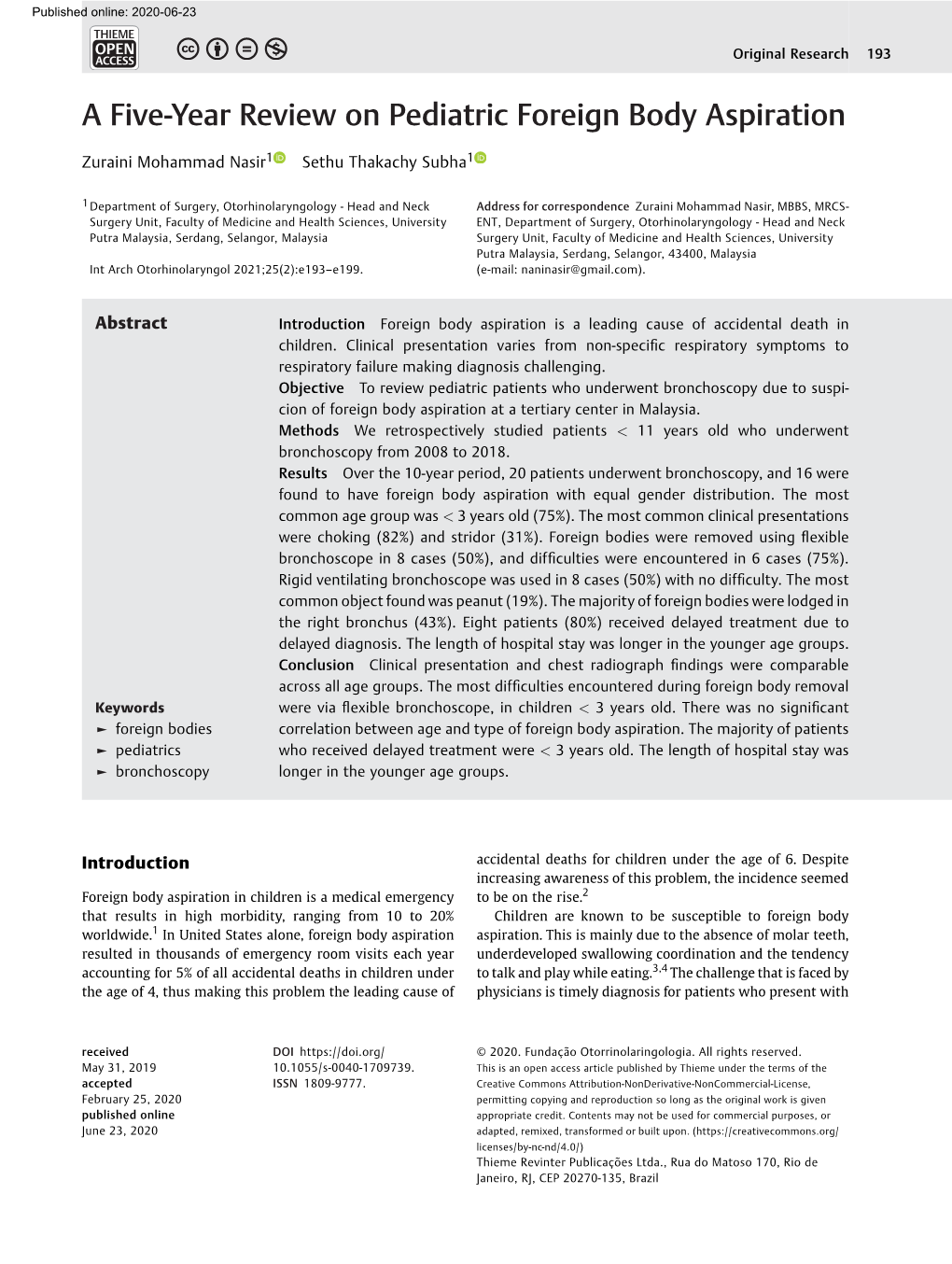 A Five-Year Review on Pediatric Foreign Body Aspiration