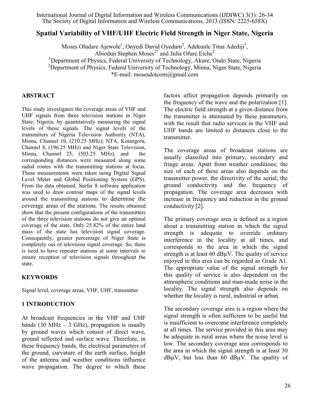 Spatial Variability of VHF/UHF Electric Field Strength in Niger State, Nigeria