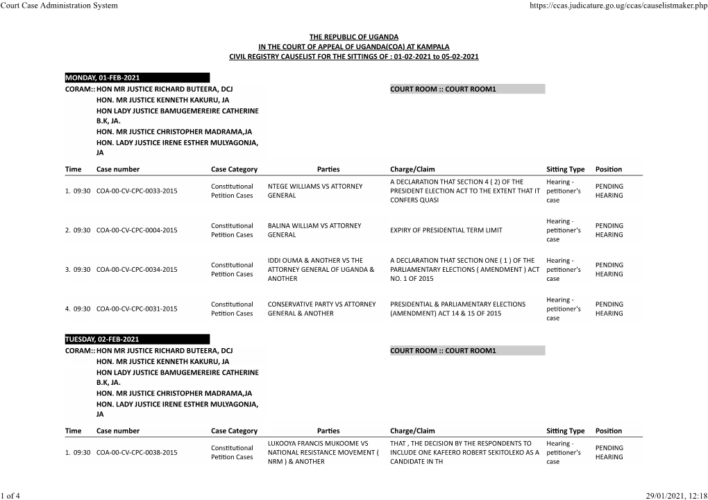 AT KAMPALA CIVIL REGISTRY CAUSELIST for the SITTINGS of : 01-02-2021 to 05-02-2021