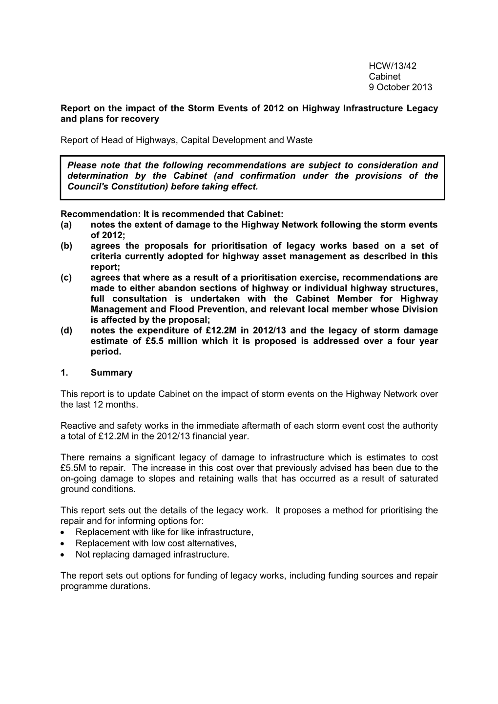 HCW/13/42 Cabinet 9 October 2013 Report on the Impact of the Storm