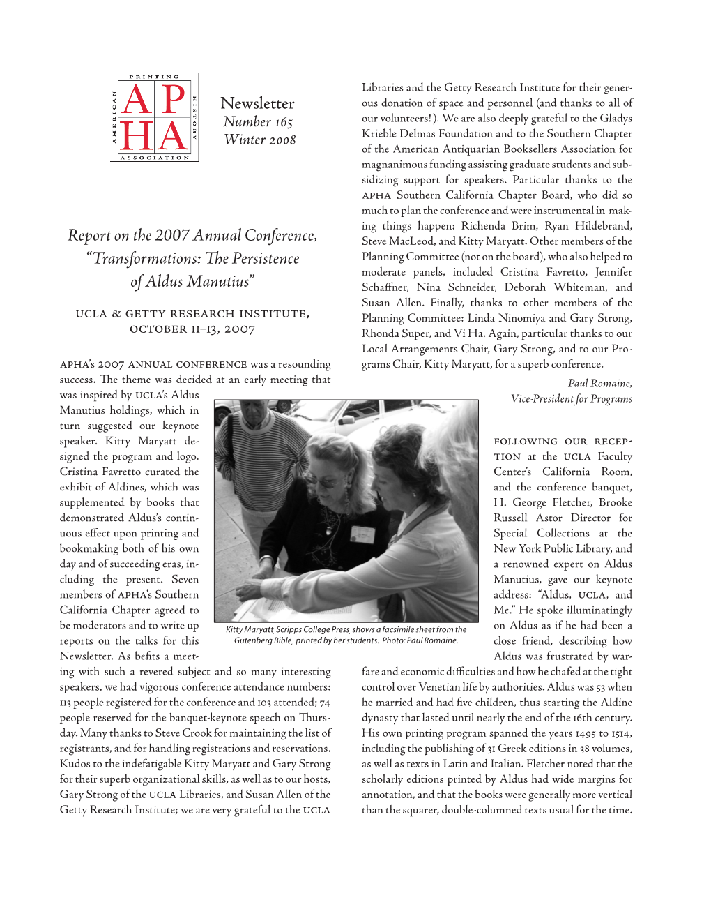 APHA Newsletter No. 165 (Winter 2008)