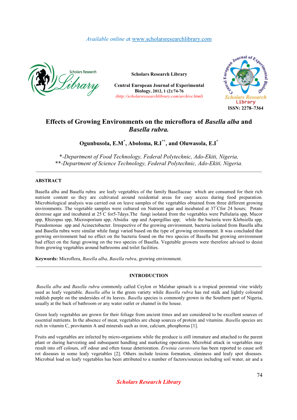 Effects of Growing Environments on the Microflora of Basella Alba and Basella Rubra