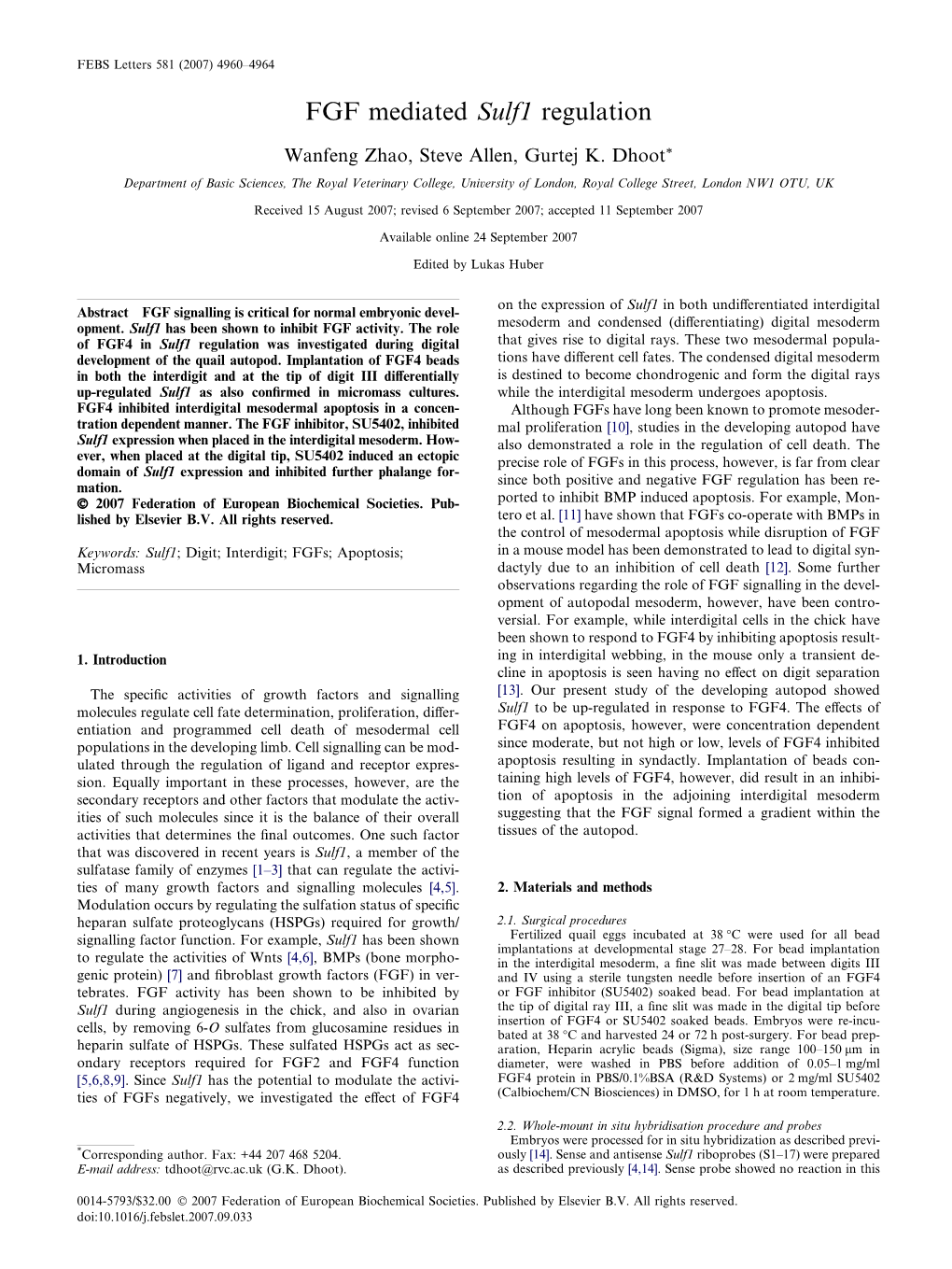 FGF Mediated Sulf1 Regulation