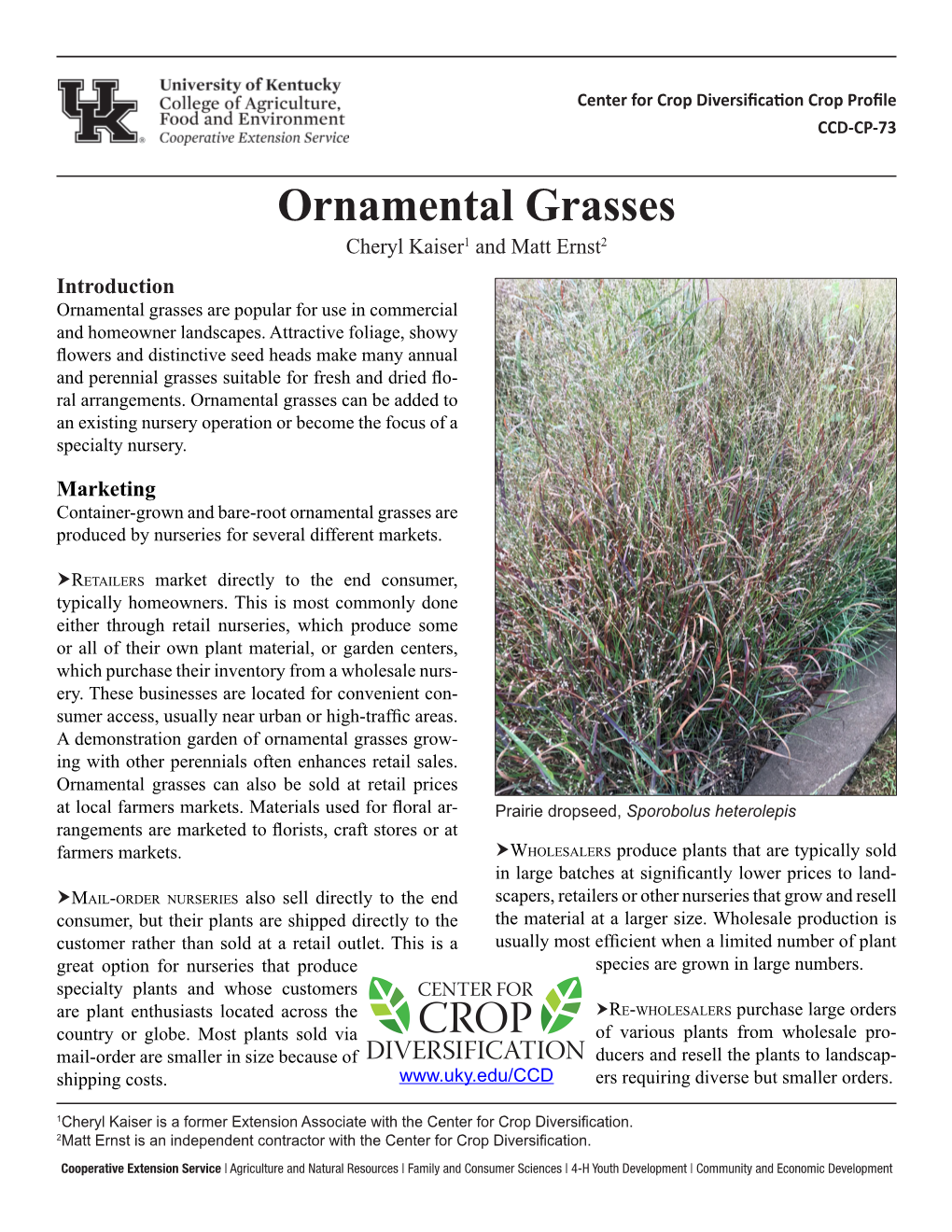 Ornamental Grasses Cheryl Kaiser1 and Matt Ernst2 Introduction Ornamental Grasses Are Popular for Use in Commercial and Homeowner Landscapes