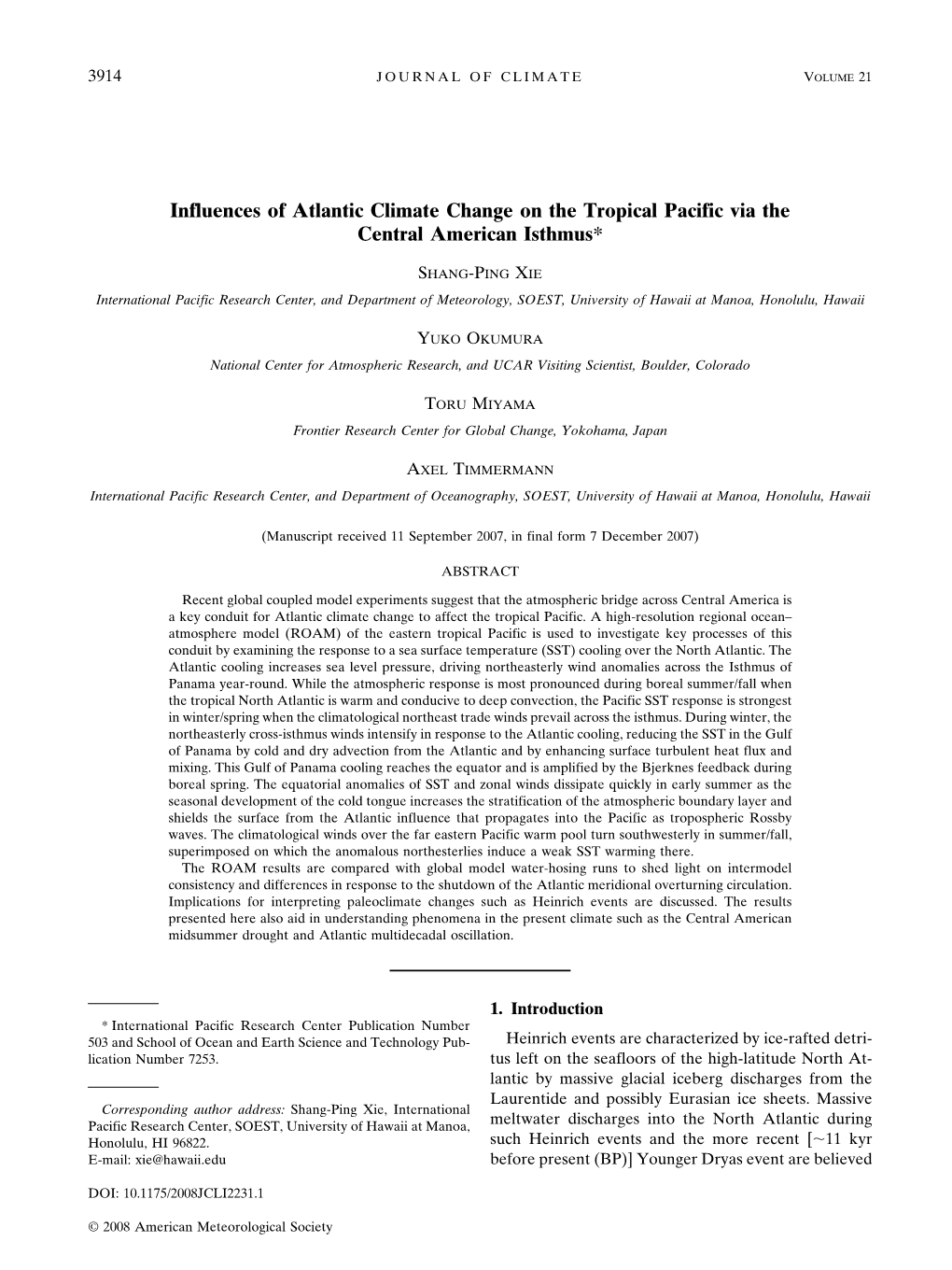 Influences of Atlantic Climate Change on the Tropical Pacific Via the Central American Isthmus*