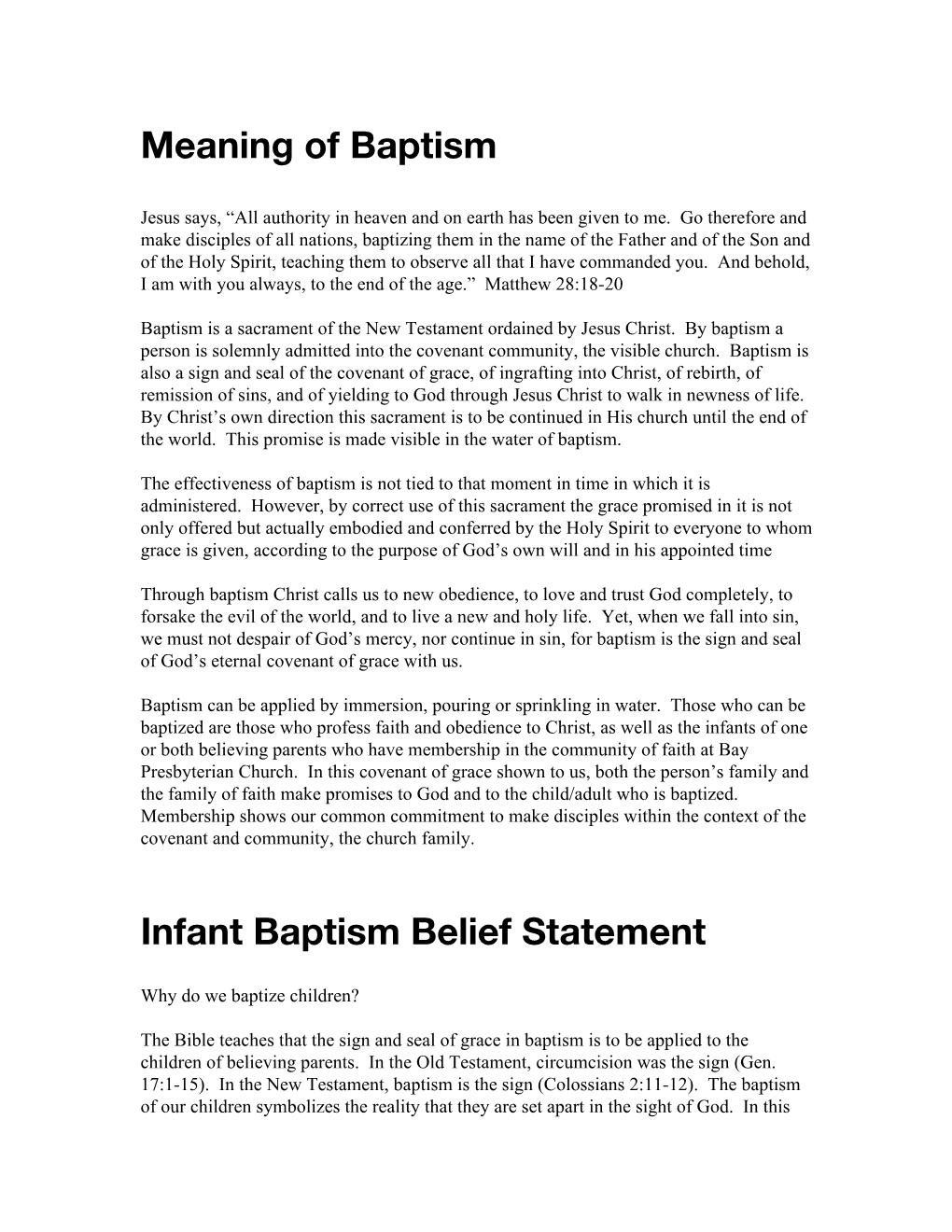 Meaning of Baptism Infant Baptism Belief Statement