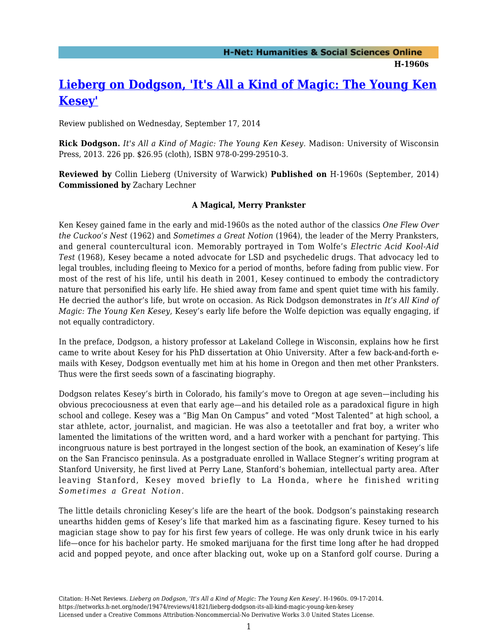 Lieberg on Dodgson, 'It's All a Kind of Magic: the Young Ken Kesey'