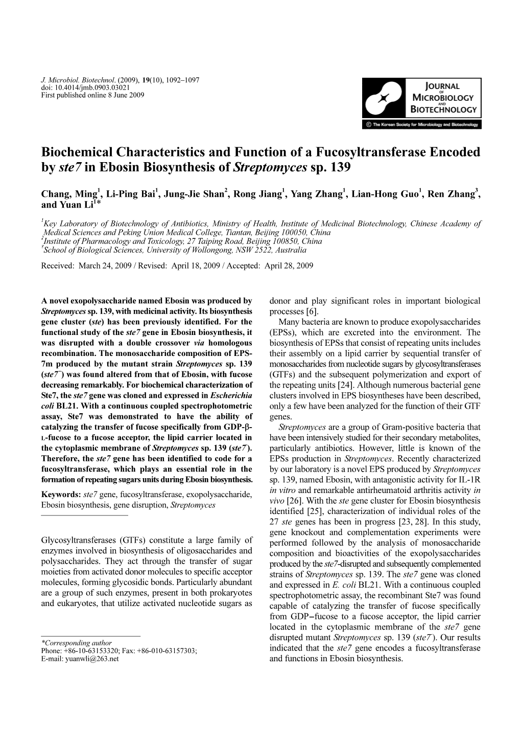 Biochemical Characteristics and Function of a Fucosyltransferase Encoded by Ste7 in Ebosin Biosynthesis of Streptomyces Sp. 139