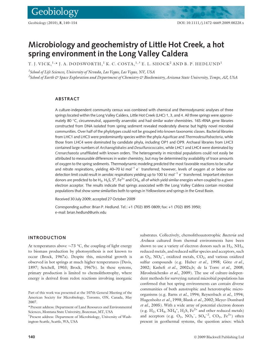 Microbiology and Geochemistry of Little Hot Creek, a Hot Spring Environment in the Long Valley Caldera T