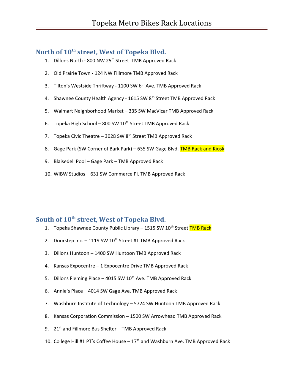 Topeka Metro Bikes Rack Locations