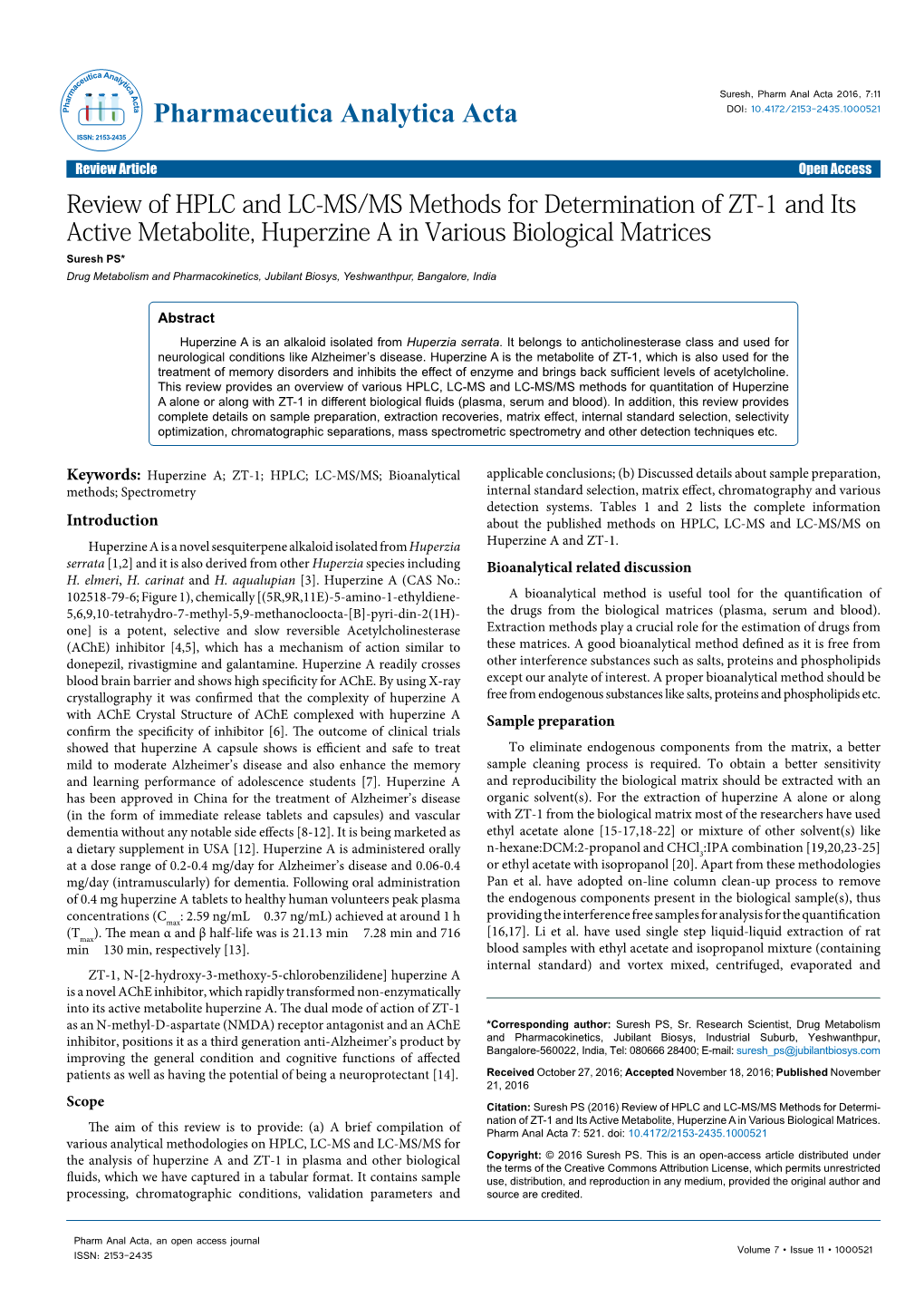 Review of HPLC and LC-MS/MS Methods for Determination of ZT-1 and Its Active Metabolite, Huperzine a in Various Biological Matri