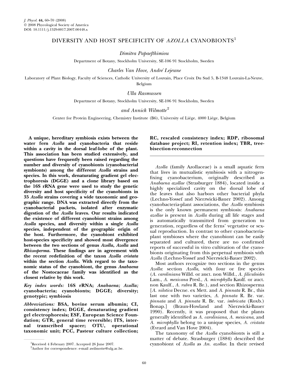 Diversity and Host Specificity of Azolla Cyanobionts. Papaefthimiou Et Al (2008).Pdf