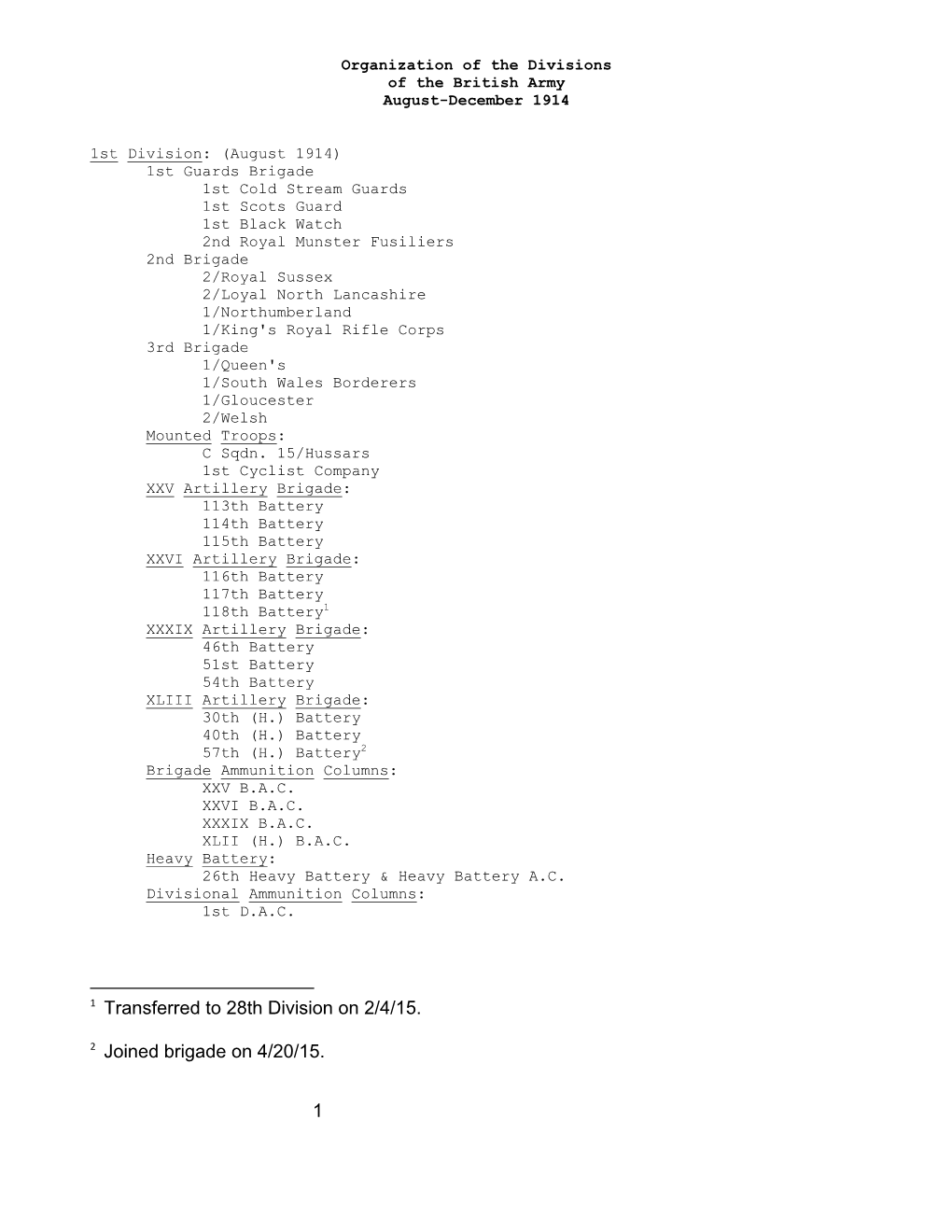 Organization of the Divisions of the British Army August-December 1914