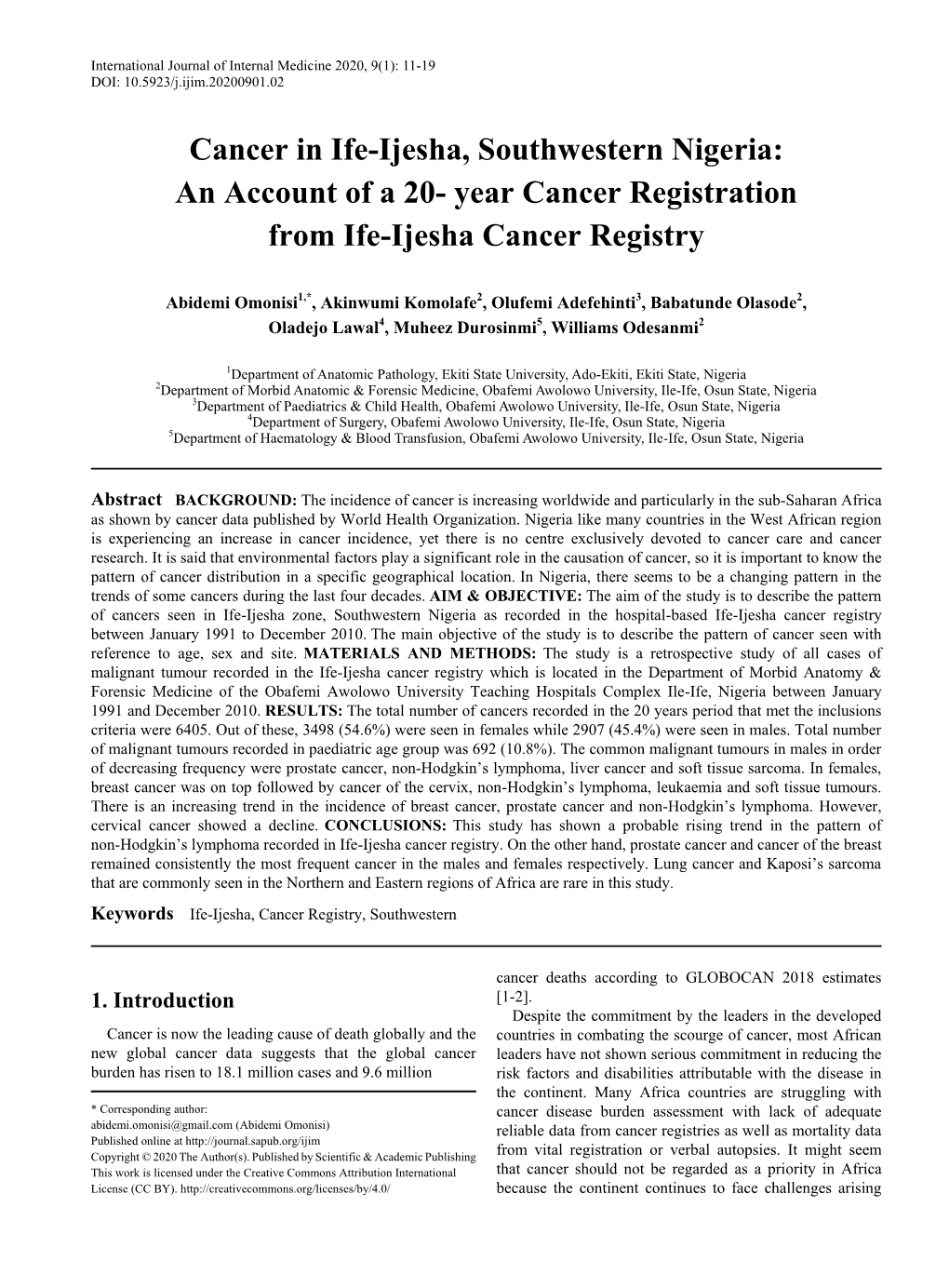 Ife-Ijesha, Cancer Registry, Southwestern