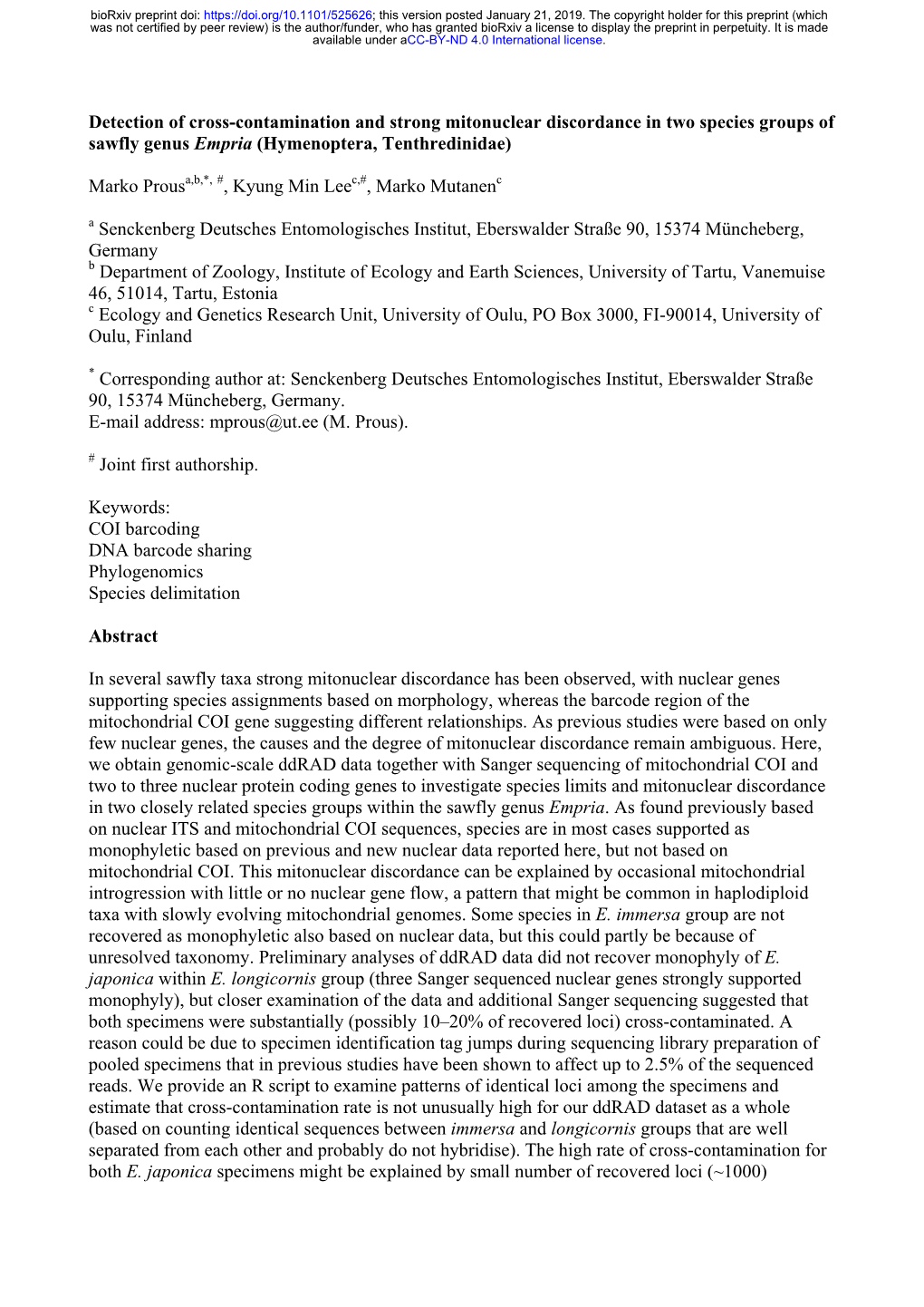 Detection of Cross-Contamination and Strong Mitonuclear Discordance in Two Species Groups of Sawfly Genus Empria (Hymenoptera, Tenthredinidae)