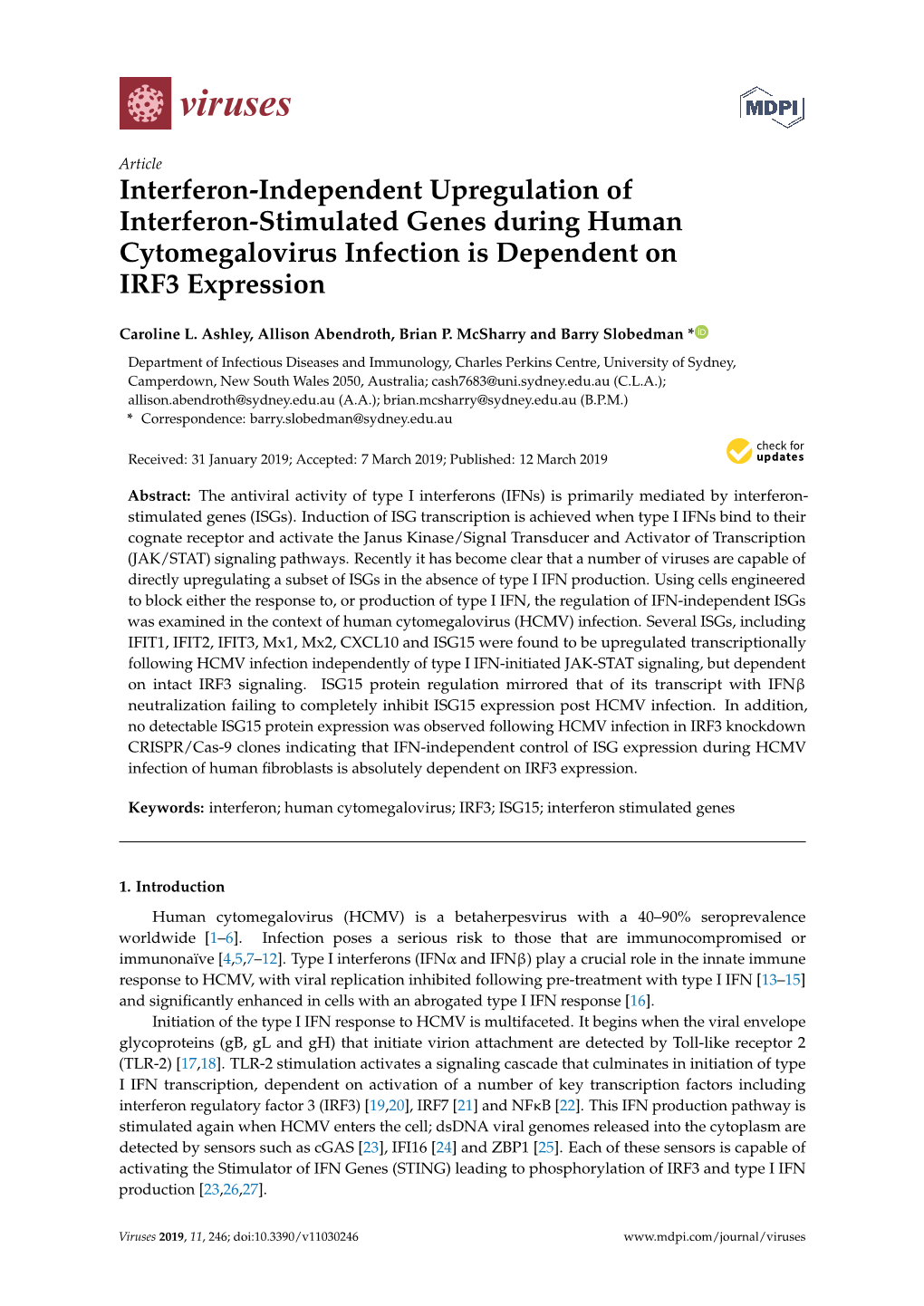 Interferon-Independent Upregulation of Interferon-Stimulated Genes During Human Cytomegalovirus Infection Is Dependent on IRF3 Expression