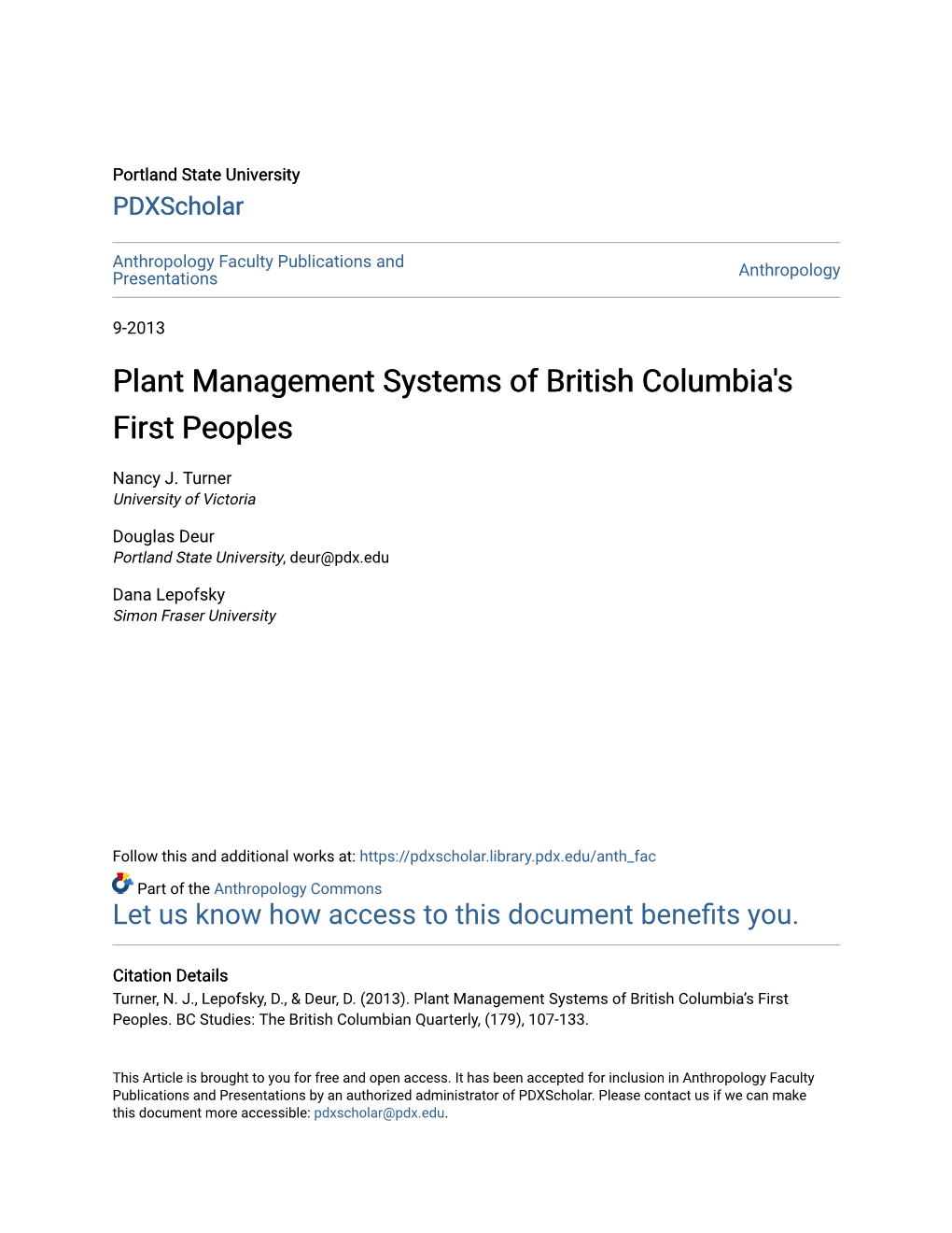 Plant Management Systems of British Columbia's First Peoples