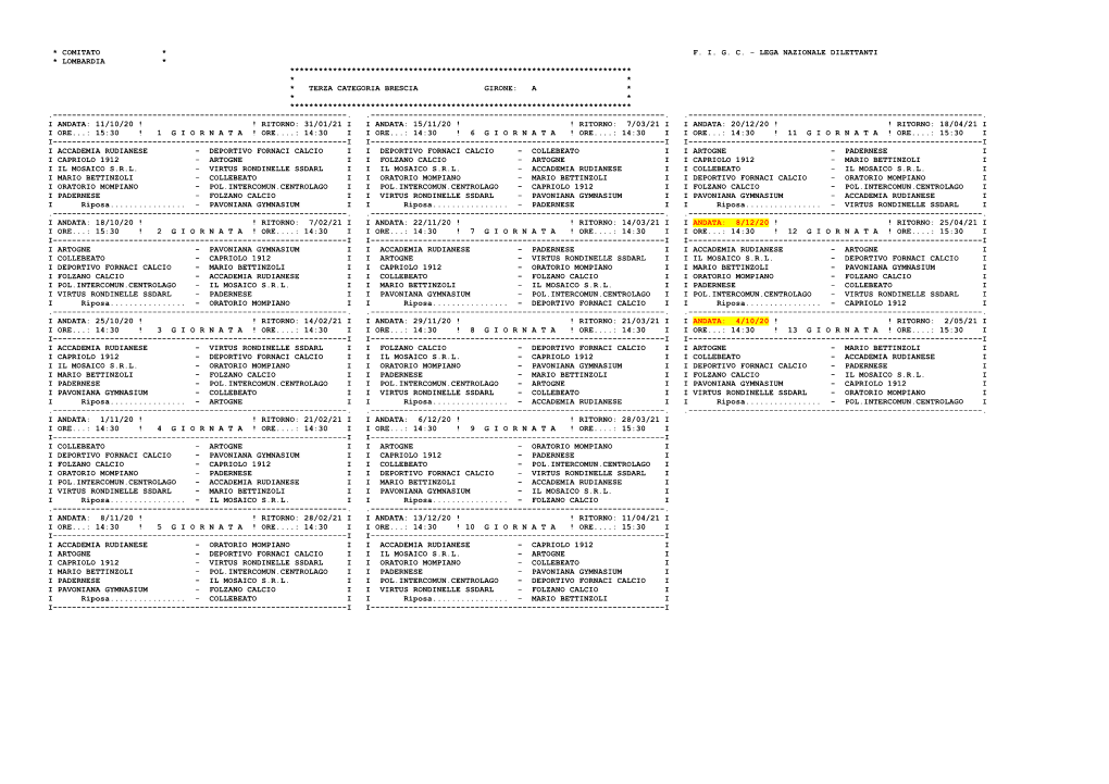 Terza Categoria Brescia Girone: a * * * ************************************************************************