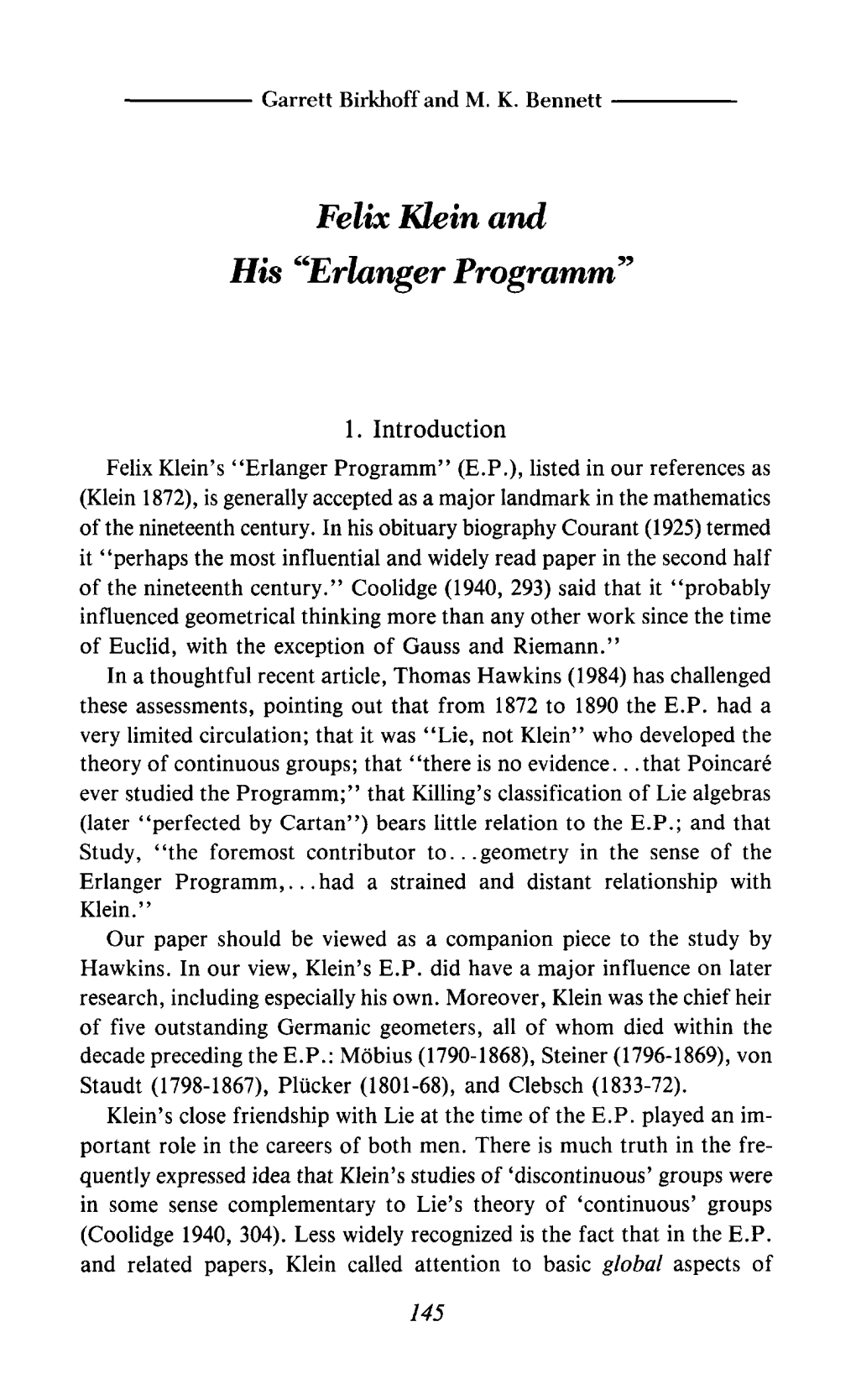 Felix Kkin and His "Erlanger Programm"
