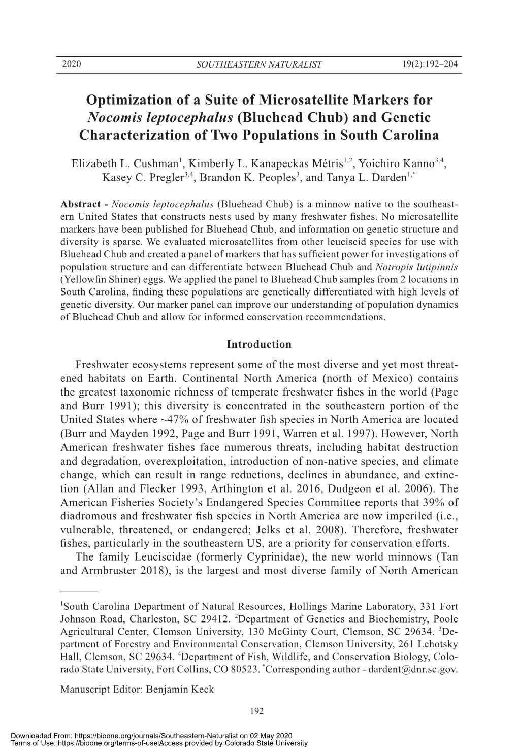 Optimization of a Suite of Microsatellite Markers for Nocomis Leptocephalus (Bluehead Chub) and Genetic Characterization of Two Populations in South Carolina
