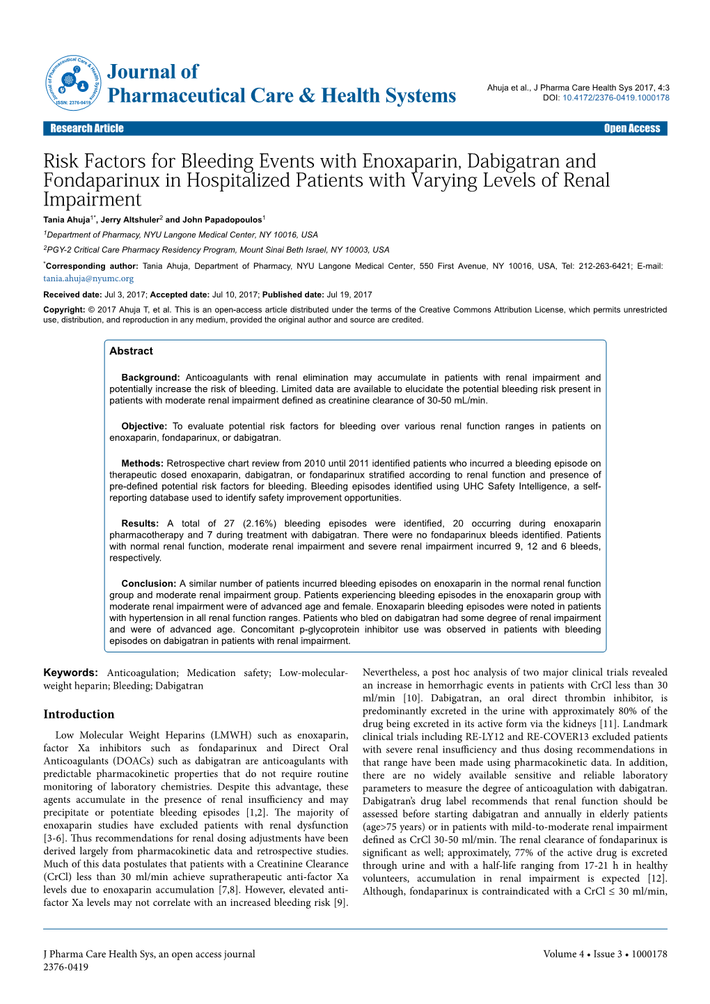 Risk Factors for Bleeding Events with Enoxaparin, Dabigatran And