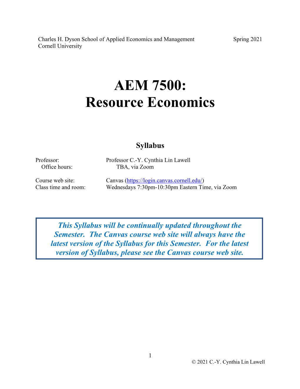 AEM 7500: Resource Economics