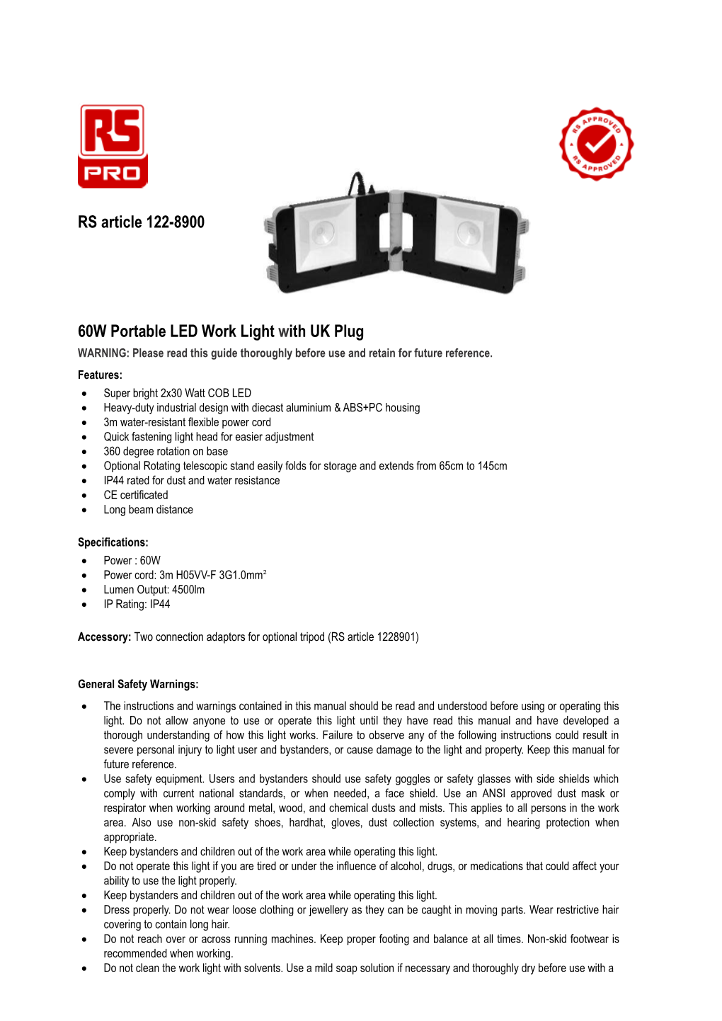 RS Article 122-8900 60W Portable LED Work Light with UK Plug