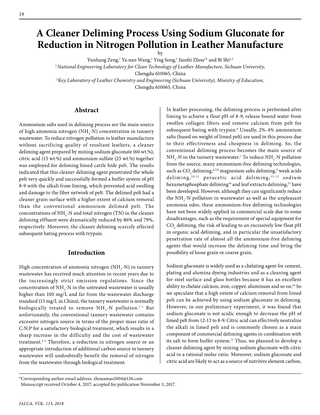 A Cleaner Deliming Process Using Sodium Gluconate for Reduction In