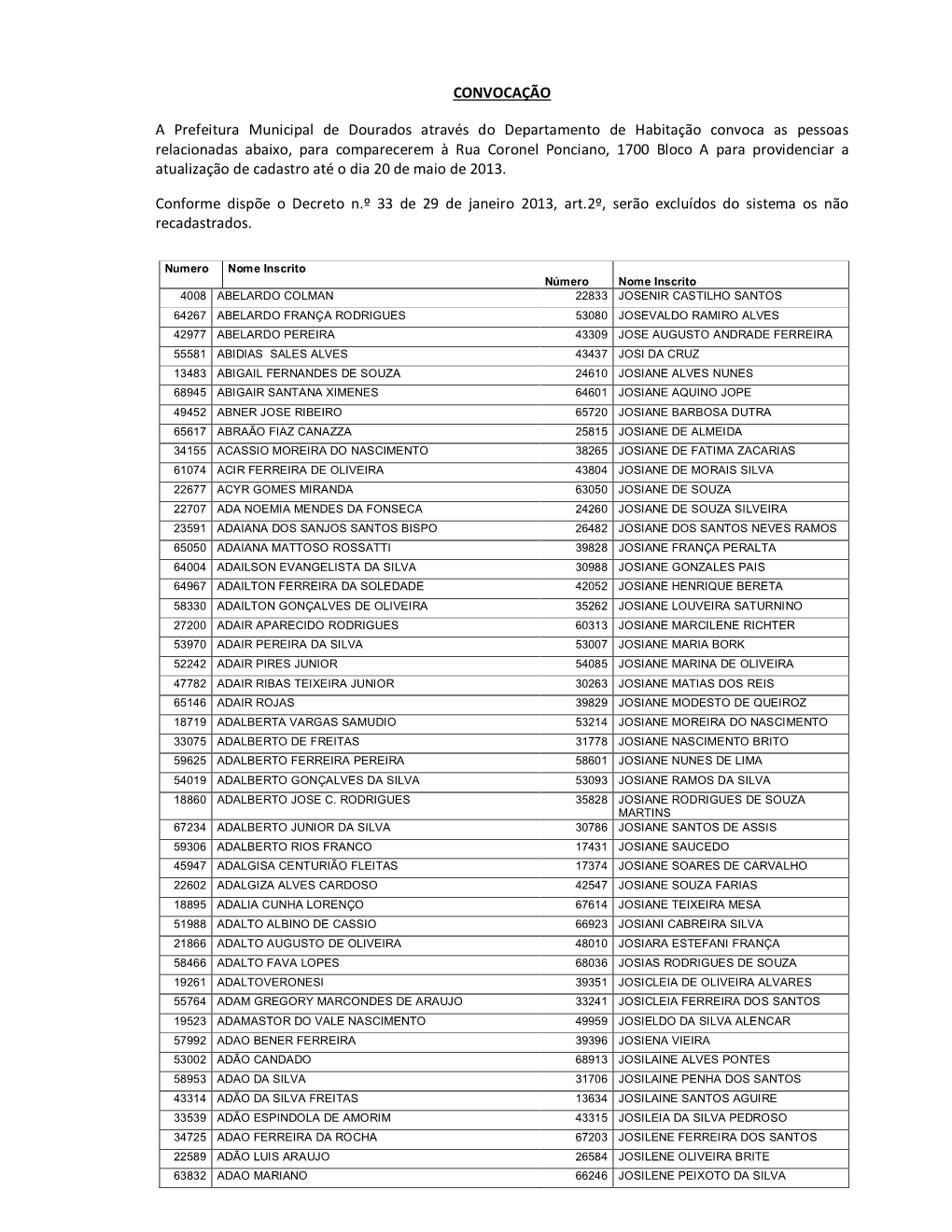 Convocação Para Recadastramento