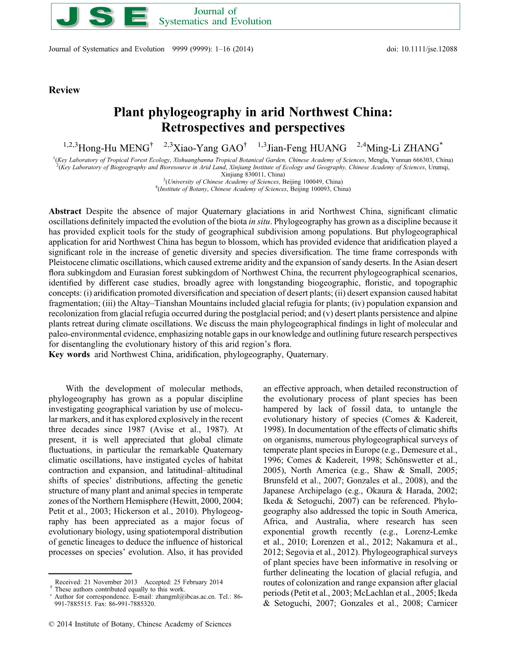 Plant Phylogeography in Arid Northwest China: Retrospectives