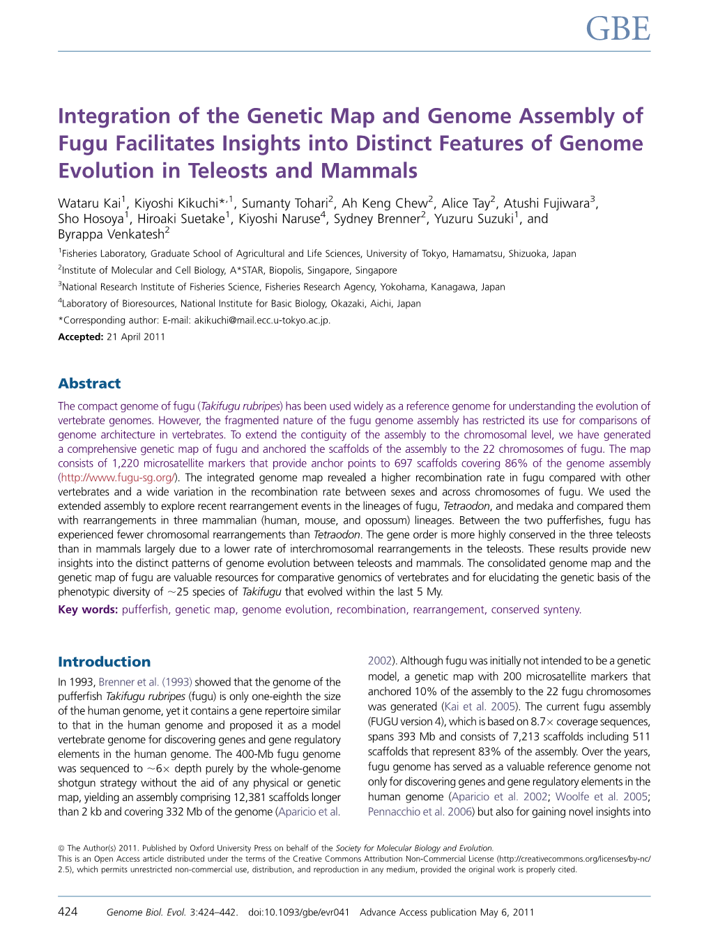 Integration of the Genetic Map and Genome Assembly of Fugu Facilitates Insights Into Distinct Features of Genome Evolution in Teleosts and Mammals